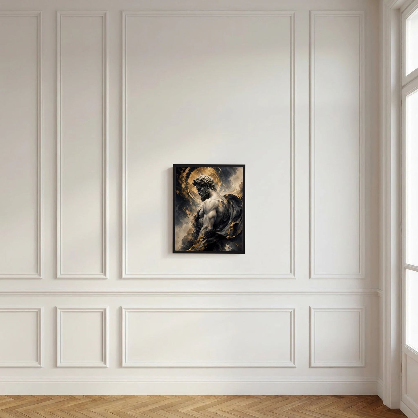 Gerahmtes Kunstposter im Hochformat mit Männerstatue im Profil, goldenem Heiligenschein und Schwarz-Gold