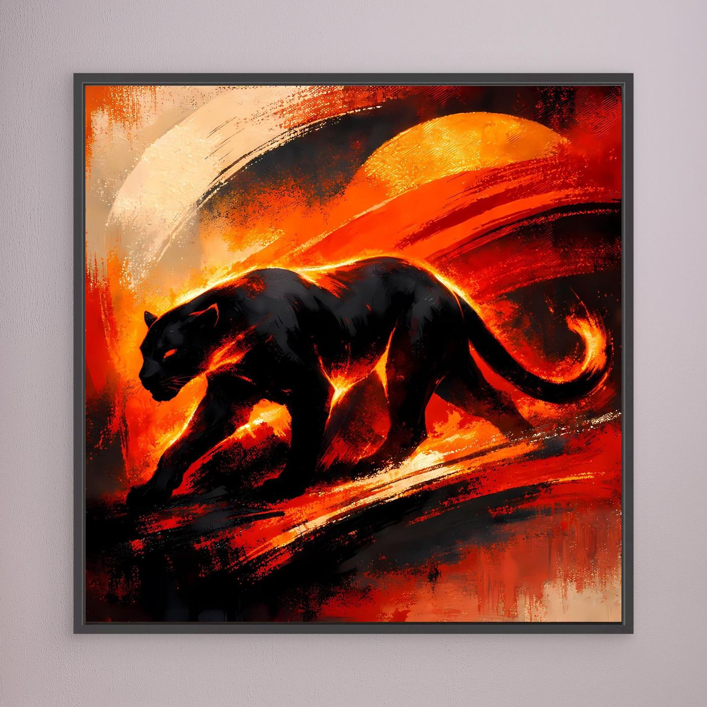 Leinwandbild mit schwarzem Panther in abstrakten Feuerrot-Tönen, dunkler Rahmen