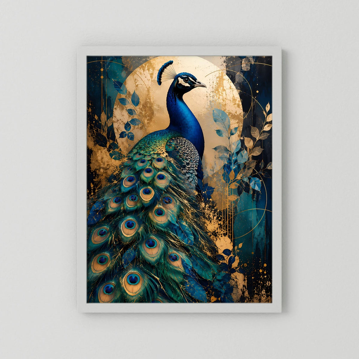 Pfau-Poster ohne sichtbaren Rahmen, blau-goldene Tierkunst mit Pfauenfächer