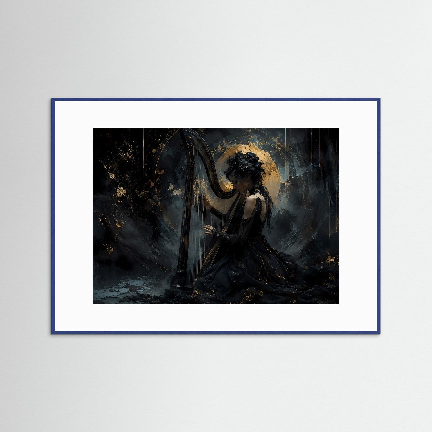 Elegante Harfenistin in Schwarz & Gold | Musik & Fantasy-Wandbild
