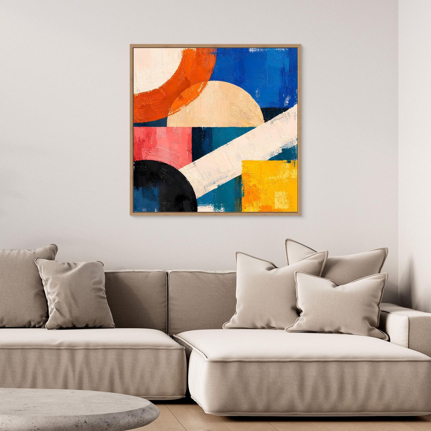 Framed abstract geometric canvas wall art with blue, orange, red, yellow and white shapes