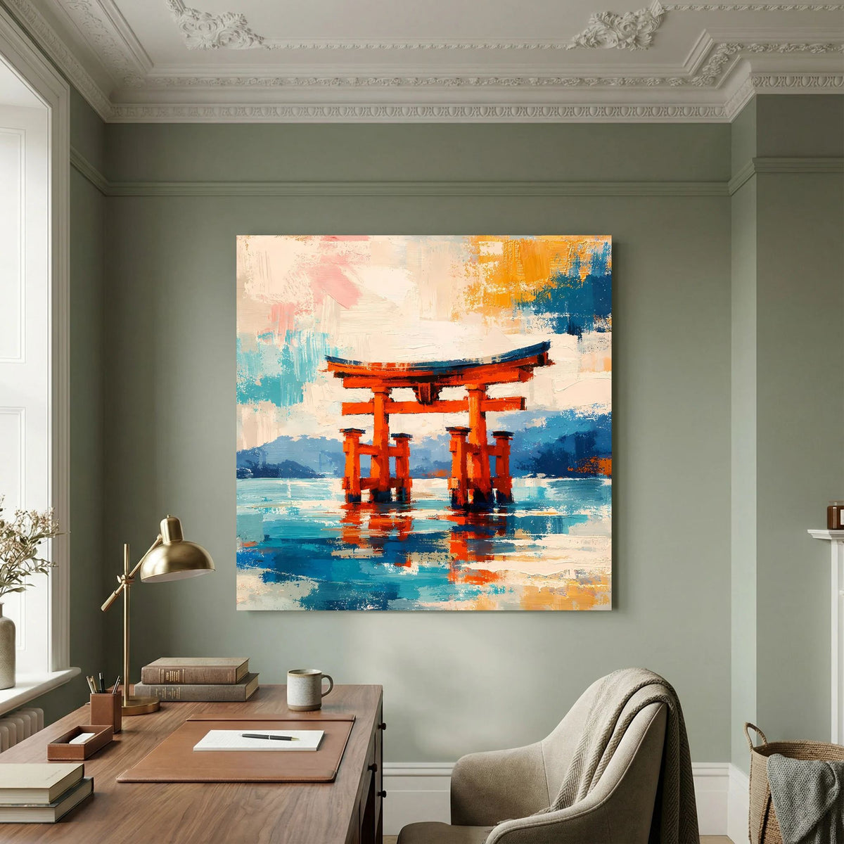 Leinwandbild mit japanischem Torii-Tor, abstrakt orangefarben, auf blauem Wasser, Holzkeilrahmen