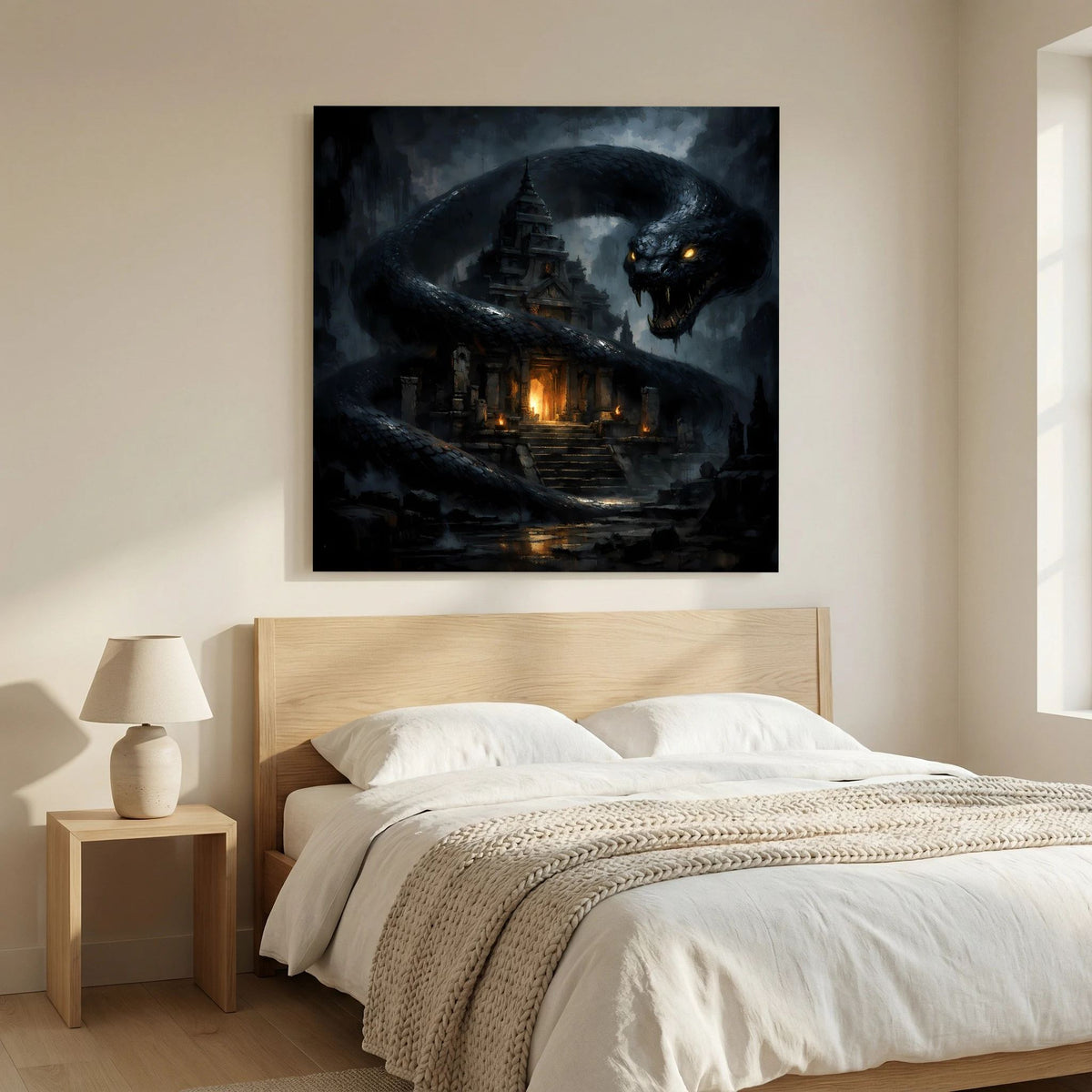 Fantasy-Wandbild: schwarze Schlange mit gelben Augen über Tempelaltar im Nebel