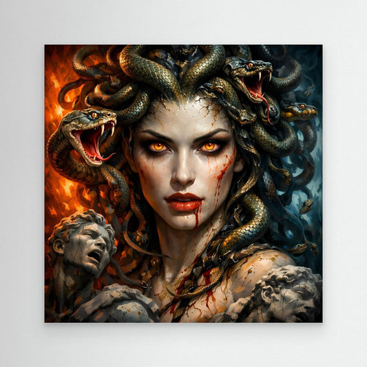 Medusa-Wandbild mit Schlangenhaar, grünlich-dunklen Schlangen und Feuerrot-Akzenten