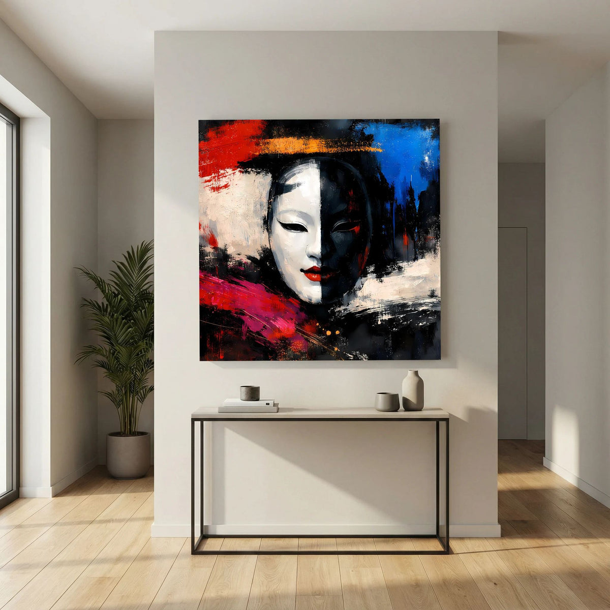 Leinwand-Wandbild mit Geisha-Gesicht, stilisiert als Maske mit roten und blauen Sprühspuren