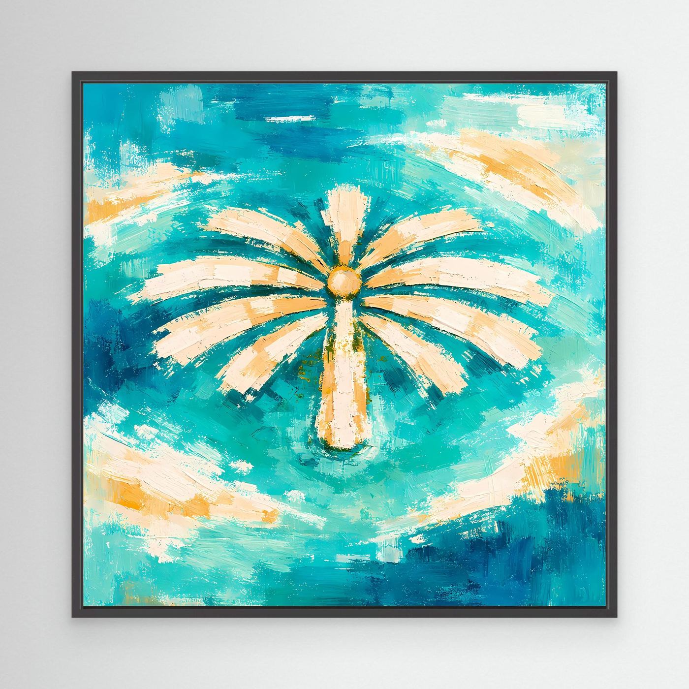 Leinwand Abstrakte Palme im Meer | Modernes Dubai Palmeninsel Wandbild Türkis