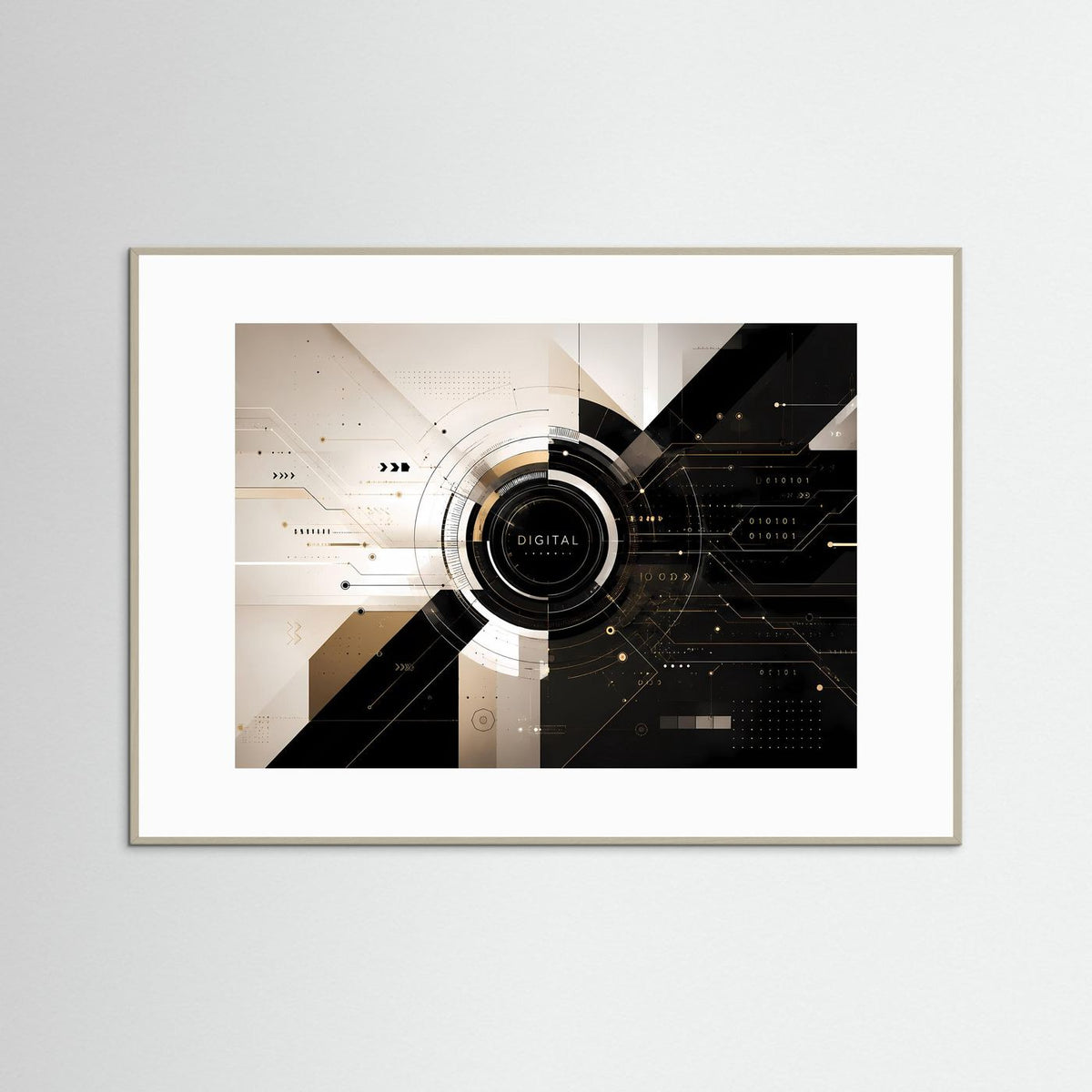 Tech-Poster im Querformat mit grauem Rahmen und abstraktem Digital-Layout in Schwarz und Gold