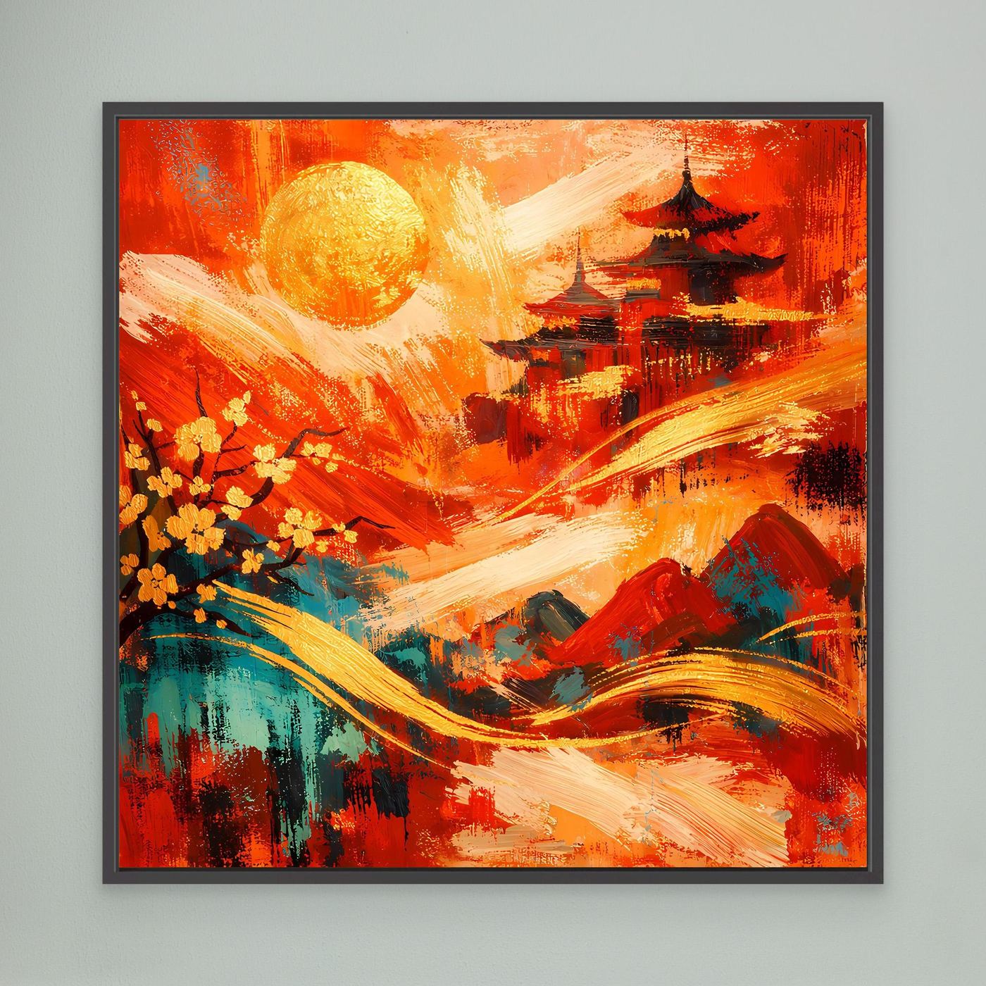Abstraktes Leinwandbild „Pagode“ mit schwarzem Rahmen: rotes Bild, goldene Sonne, Pagode