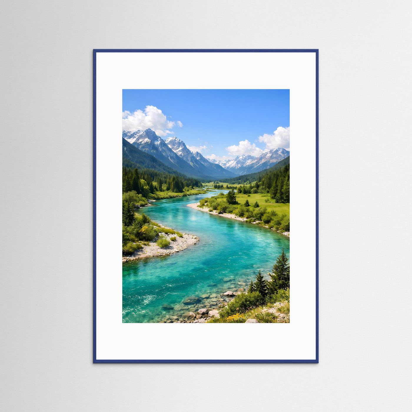Naturposter Hochformat mit türkisfarbenem Fluss und Bergen, blauer Rahmen