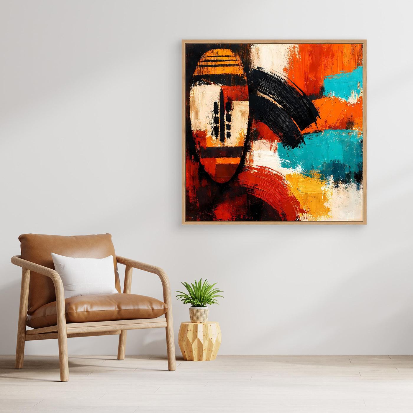 Framed abstract mask wall art with orange, turquoise, black and cream textured paint