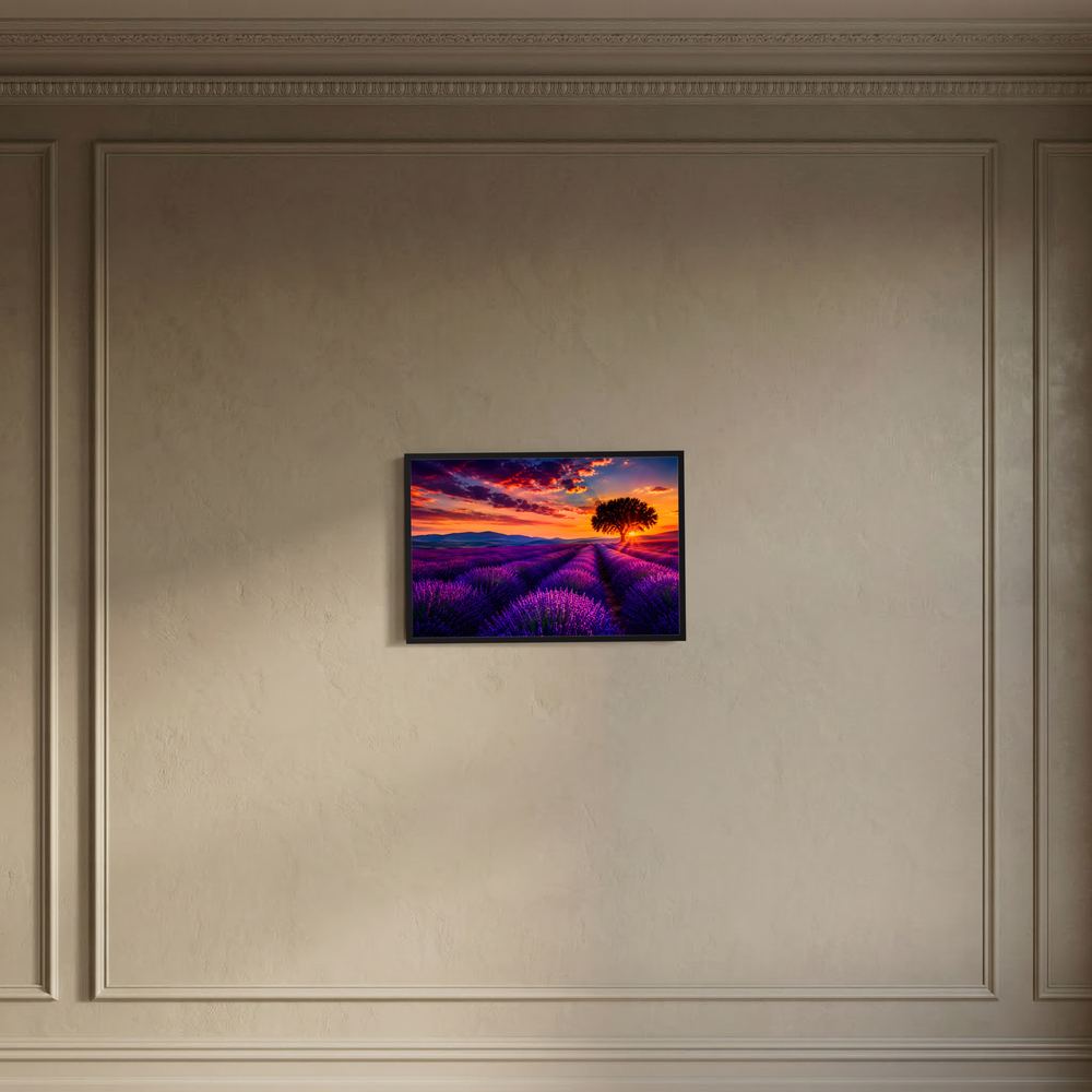 Kleines Wandbild im Querformat: violette Lavendelfelder, Baum und Sonnenuntergang