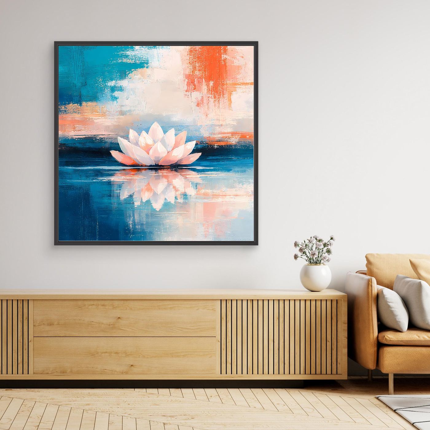 Leinwand Abstrakte Lotusblüte auf dem Wasser | Modernes Seerosen Wandbild Blau Orange