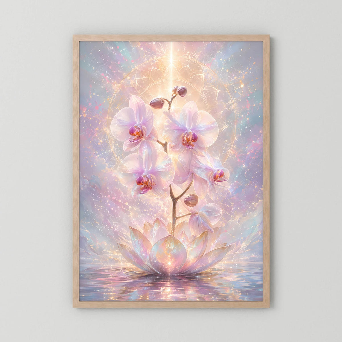 Hochformat-Poster mit Orchideen- und Lotusblüten in Pastell, Gold-Glanz, Holzrahmen