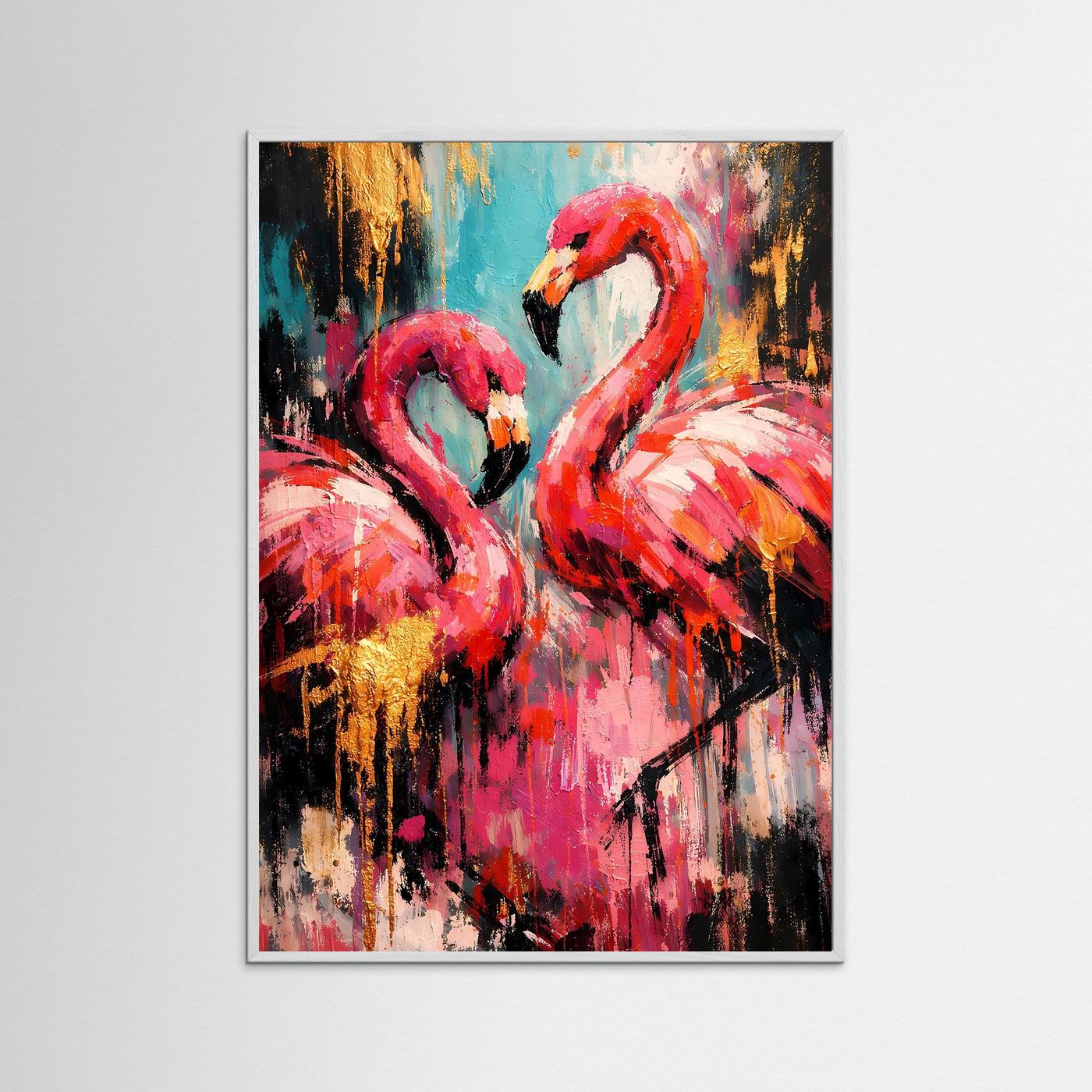 Flamingo-Kunstposter mit zwei rosa Vögeln, abstraktes Farbspiel, schwarzer Rahmen