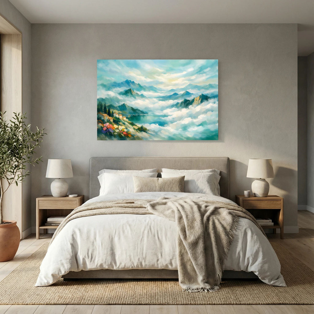 Wandbild mit Bergtal im Nebel, blauer Himmel und blühender Hang, Querformat.