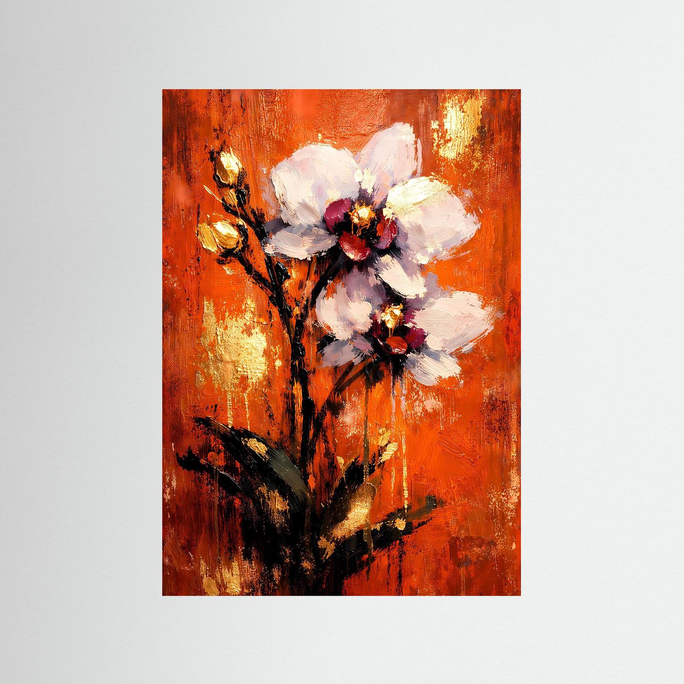 Hochformatiges Orchideen-Kunstposter mit orangefarbenem Hintergrund und weißen Blüten