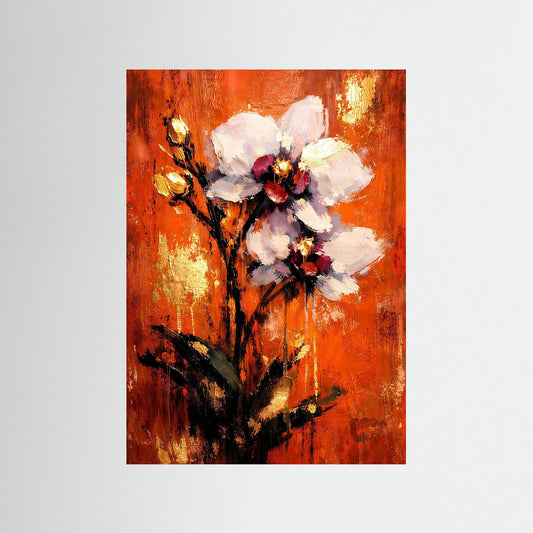 Hochformatiges Orchideen-Kunstposter mit orangefarbenem Hintergrund und weißen Blüten