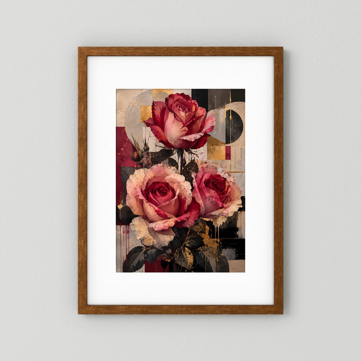 Blumenposter mit Rosen in Rot und Rosa; brauner Holzrahmen mit weißem Rand, Hochformat.