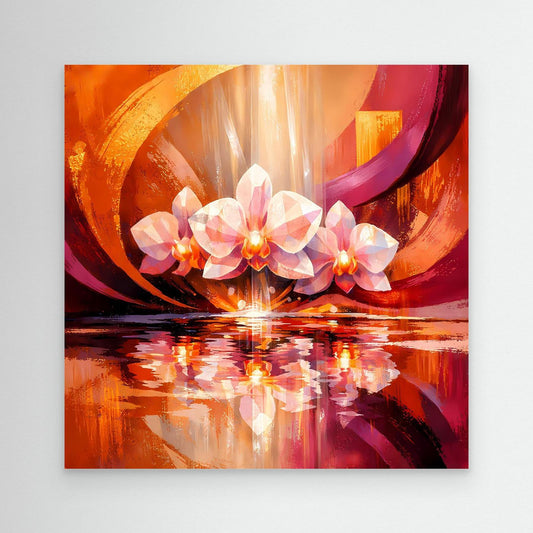Abstraktes Leinwandbild mit weißen Orchideen, orange-pinken Farbflächen und Spiegelung, ohne Rahmen