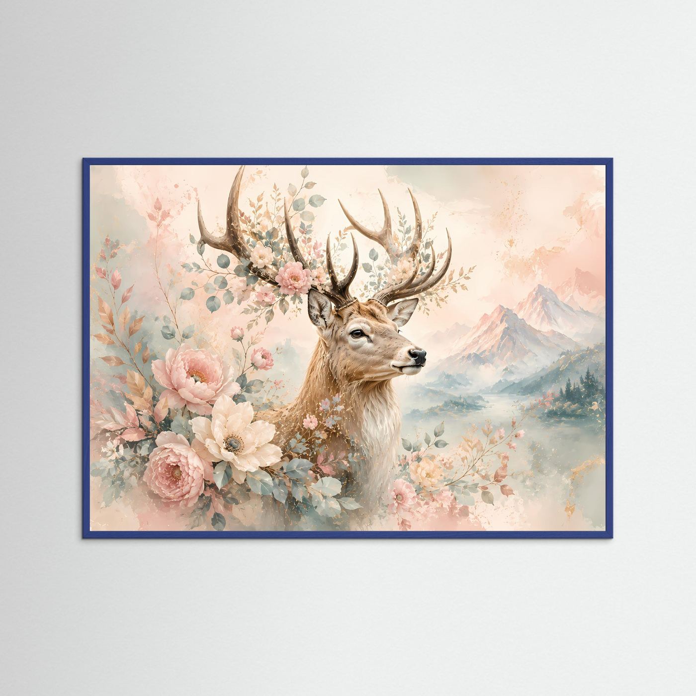Hirsch mit Blumen Poster | Floraler Hirsch in Pastellfarben | Elegante Natur Wandkunst | Romantische Berglandschaft | Premium Leinwand & Wall Art