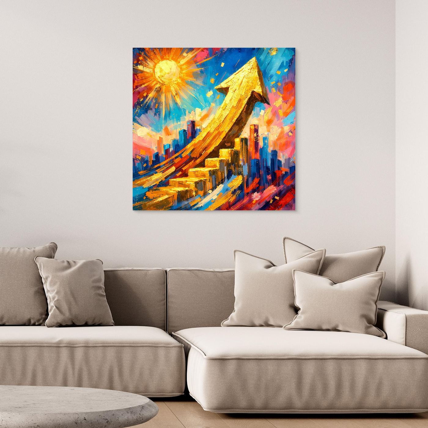 Gerahmtes Leinwandbild mit abstrakter Skyline und goldenem Pfeil, leuchtende Farben