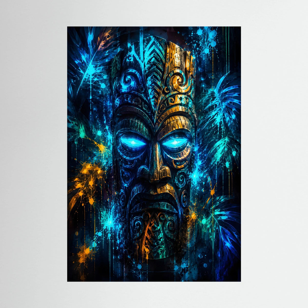 Hochformatiges Kunstposter mit Tiki-Maske in Blau, Türkis und Gold, große leuchtende Augen