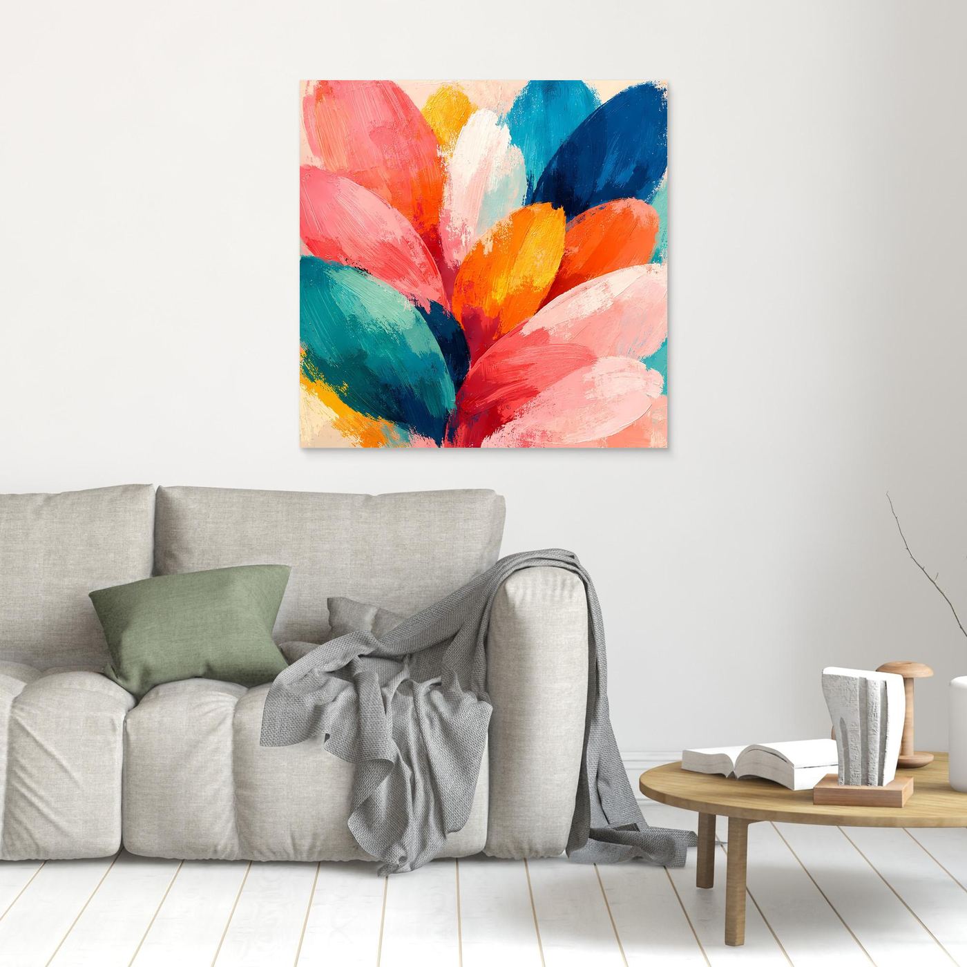 Kleines abstraktes Blütenbild auf Leinwand mit bunten Pinselstrichen, Holzrahmen