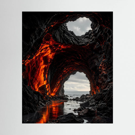 Hochformat-Poster: Lavaglut in dunkler Vulkanhöhle über Meer mit Felsriffen, orange Flammen