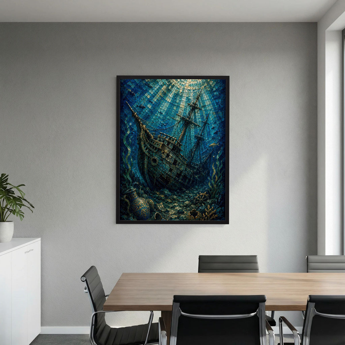 Poster im Rahmen mit versunkenem Segelschiff-Mosaik, blaugrün und gold