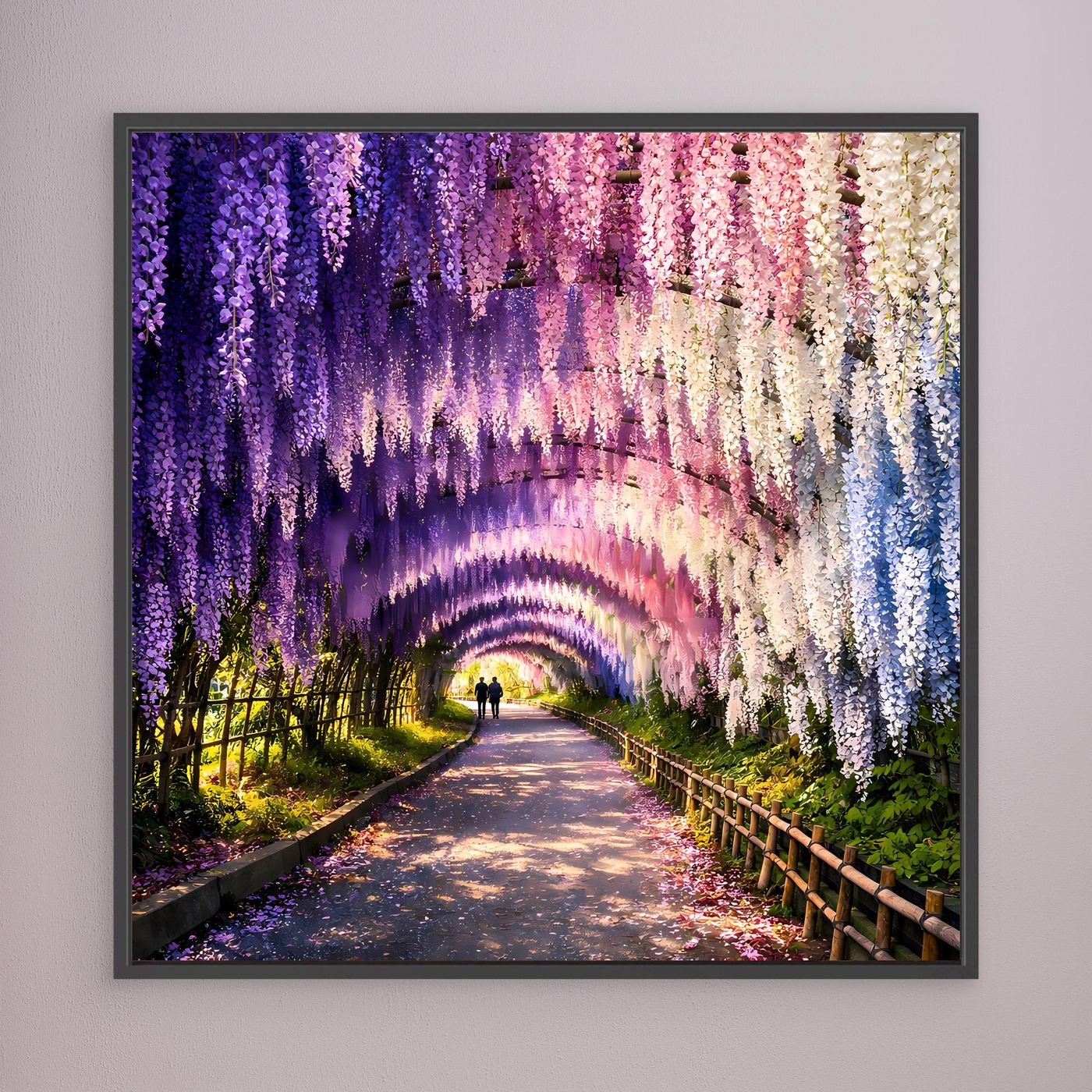 Leinwandbild Wisterientunnel mit lila und rosa Blütenbogen, Weg im Bild; dunkelgrauer Rahmen