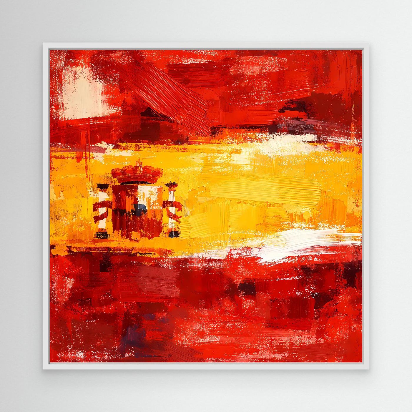 Abstract canvas wall art: red and yellow Spain flag brushstrokes, white frame