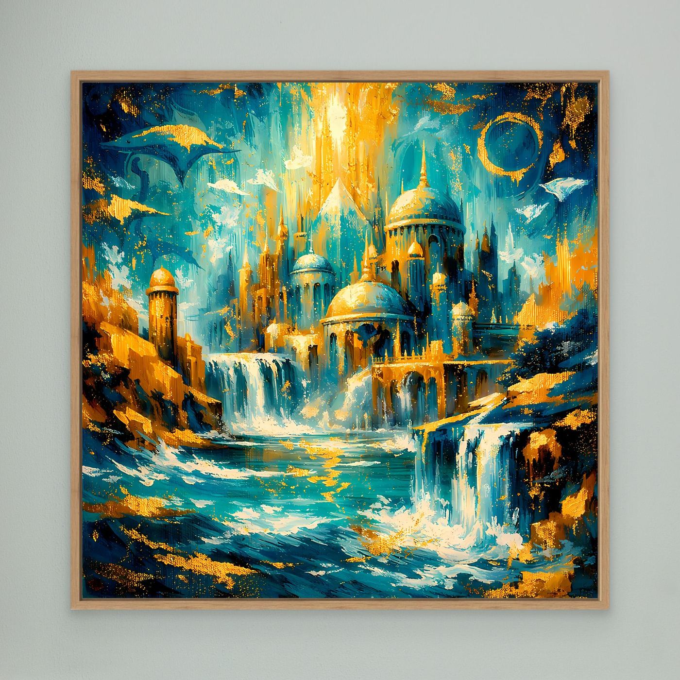 Leinwandbild Fantasystadt mit blauem Palast und goldenen Lichtern, Eichenrahmen