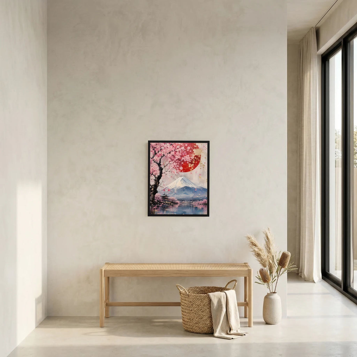 Kleines Poster im schwarzen Rahmen mit Kirschblütenbaum, Fuji und roter Sonne