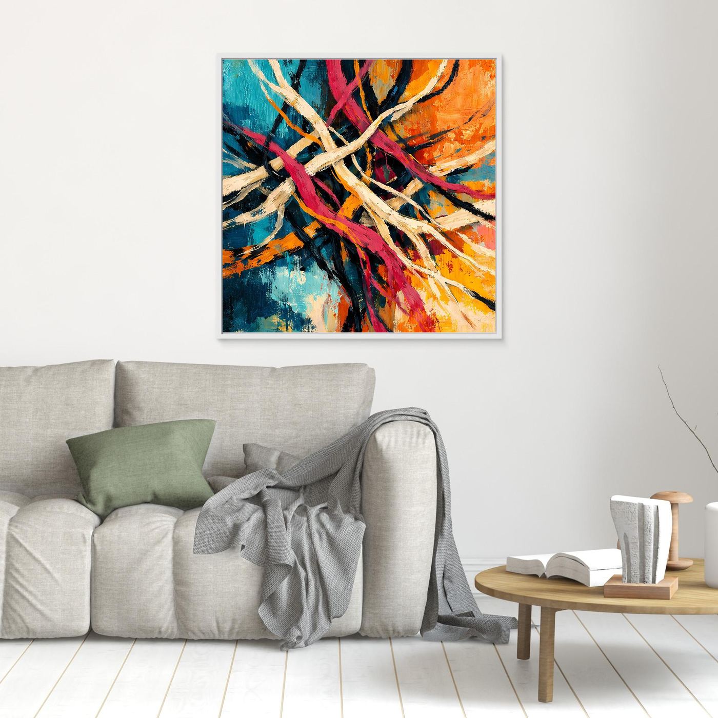 Abstraktes Leinwand-Wandbild mit Liniengeflecht in Blau, Pink und Orange und dunklem Rahmen