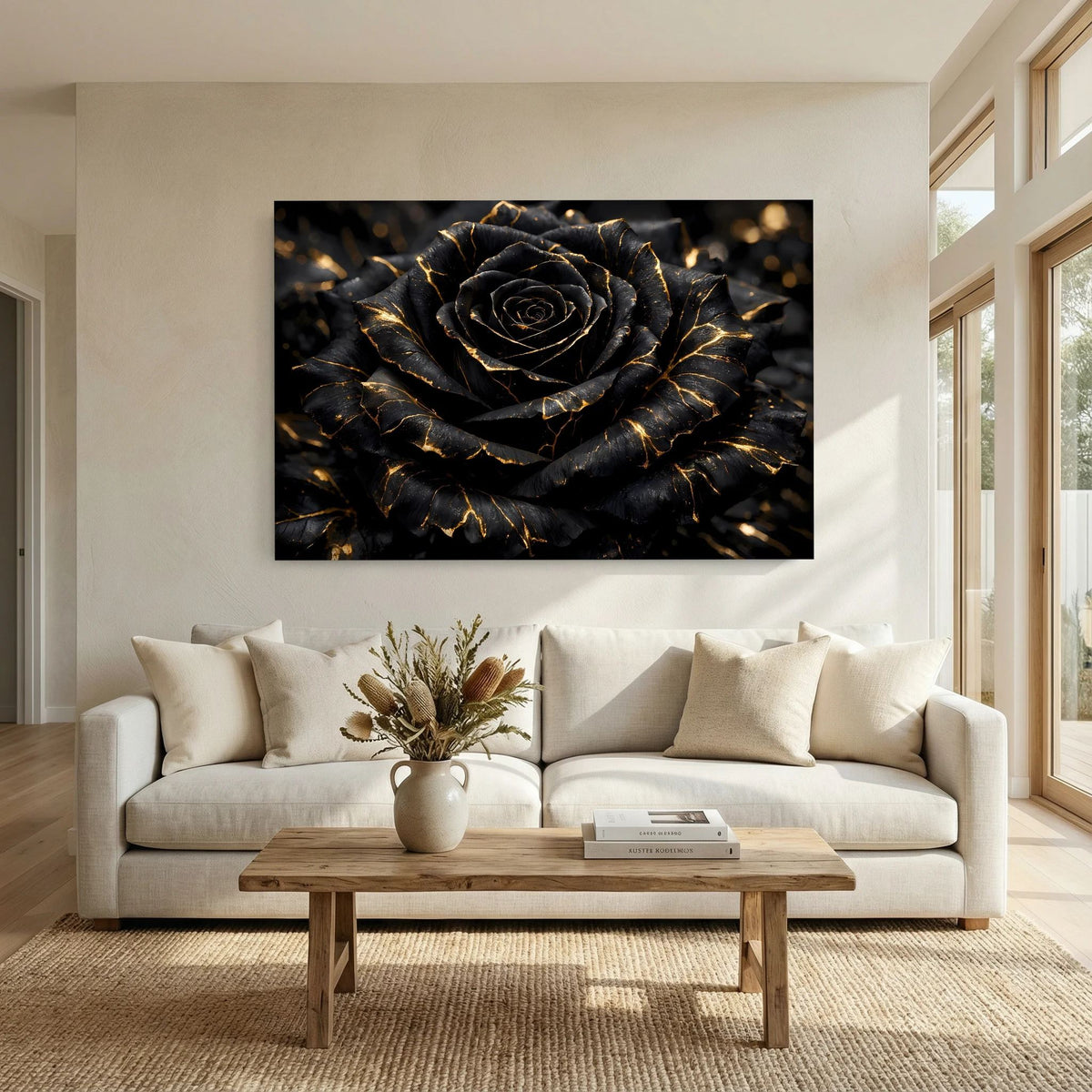 Wandbild mit großer schwarzer Rose, goldene Adern und feine Lichtpunkte im Hintergrund