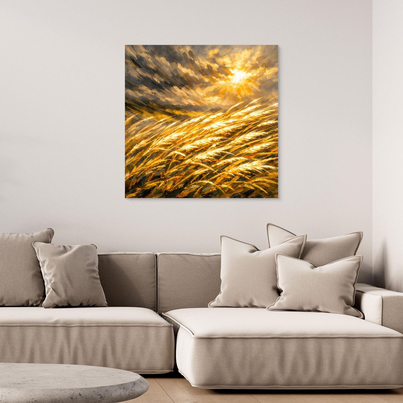 Leinwandbild: goldenes Weizenfeld, abstrakter Sonnenuntergang mit hellem Sonnenlicht