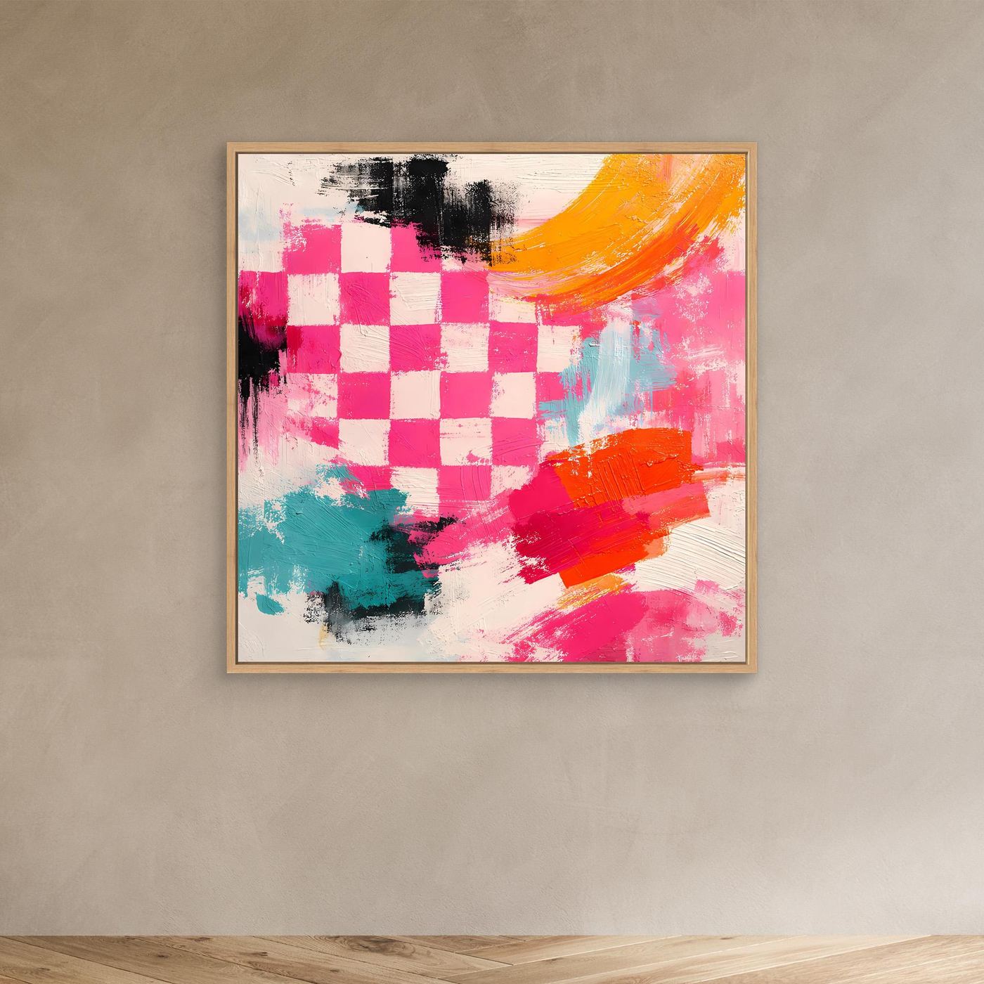 Leinwand-Wandbild mit Schachbrettmuster in Pink, Orange und Türkis; Holzrahmen