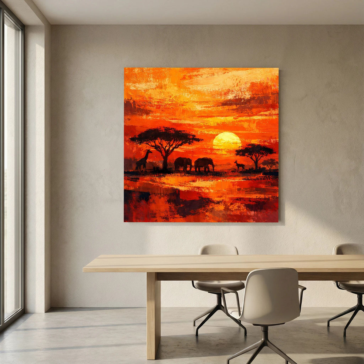 Leinwand-Wandbild mit orangefarbenem Himmel, Tier- und Baum-Silhouetten auf dunklem Wasser