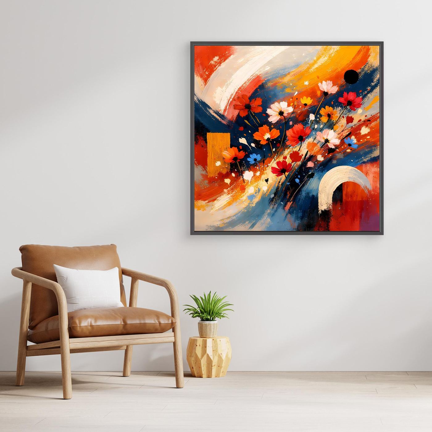 Leinwandbild mit abstrakten Blüten: rote, blaue, orange Farbflecken, dunkler Rahmen