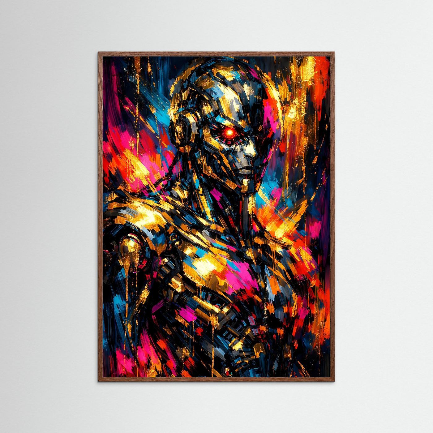 Cyberpunk-Poster mit Roboterkopf, farbintensive Neon- und Goldflächen, im hellbraunen Holzrahmen