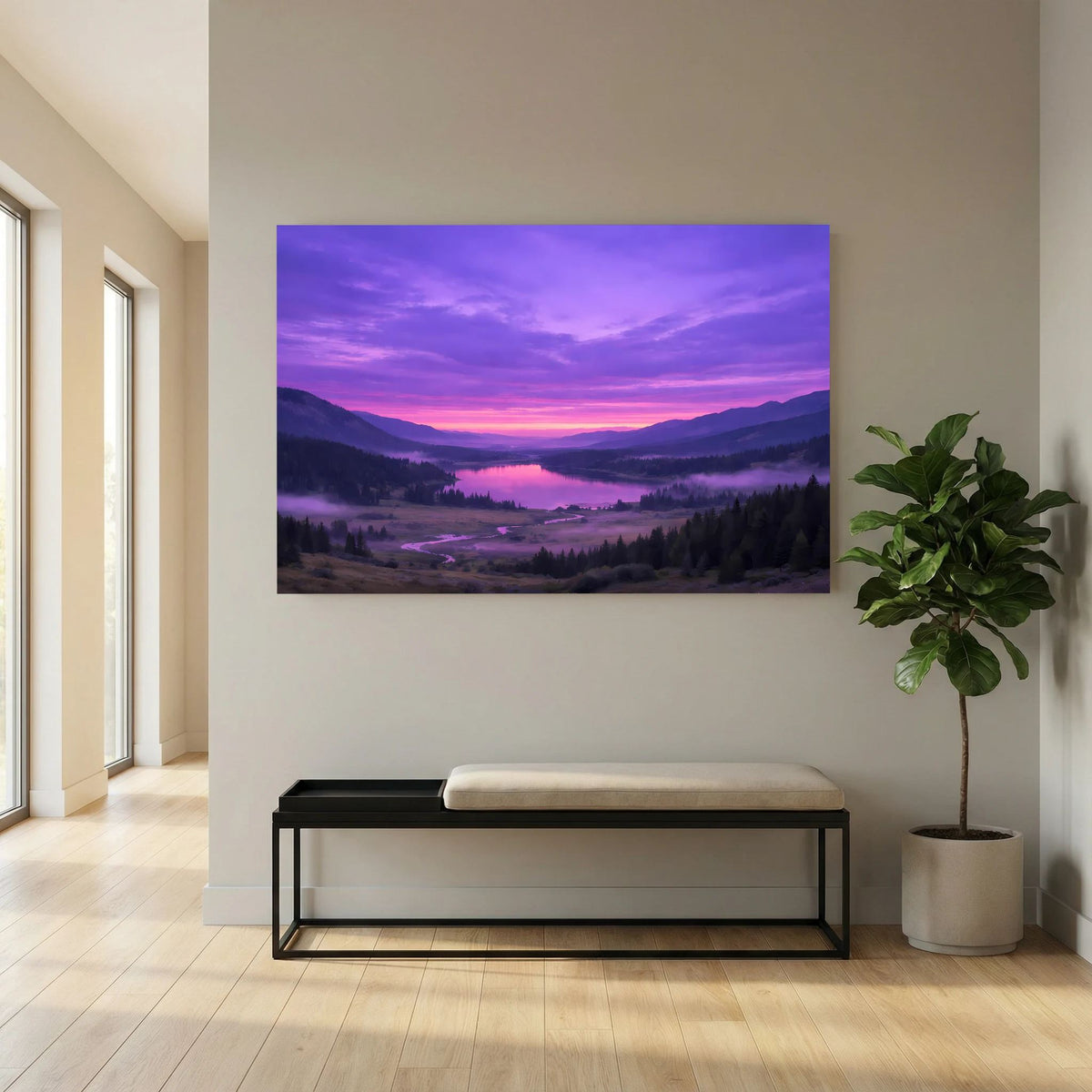 Wandposter im Querformat mit Sonnenuntergang über Flusstal und Bergkulisse