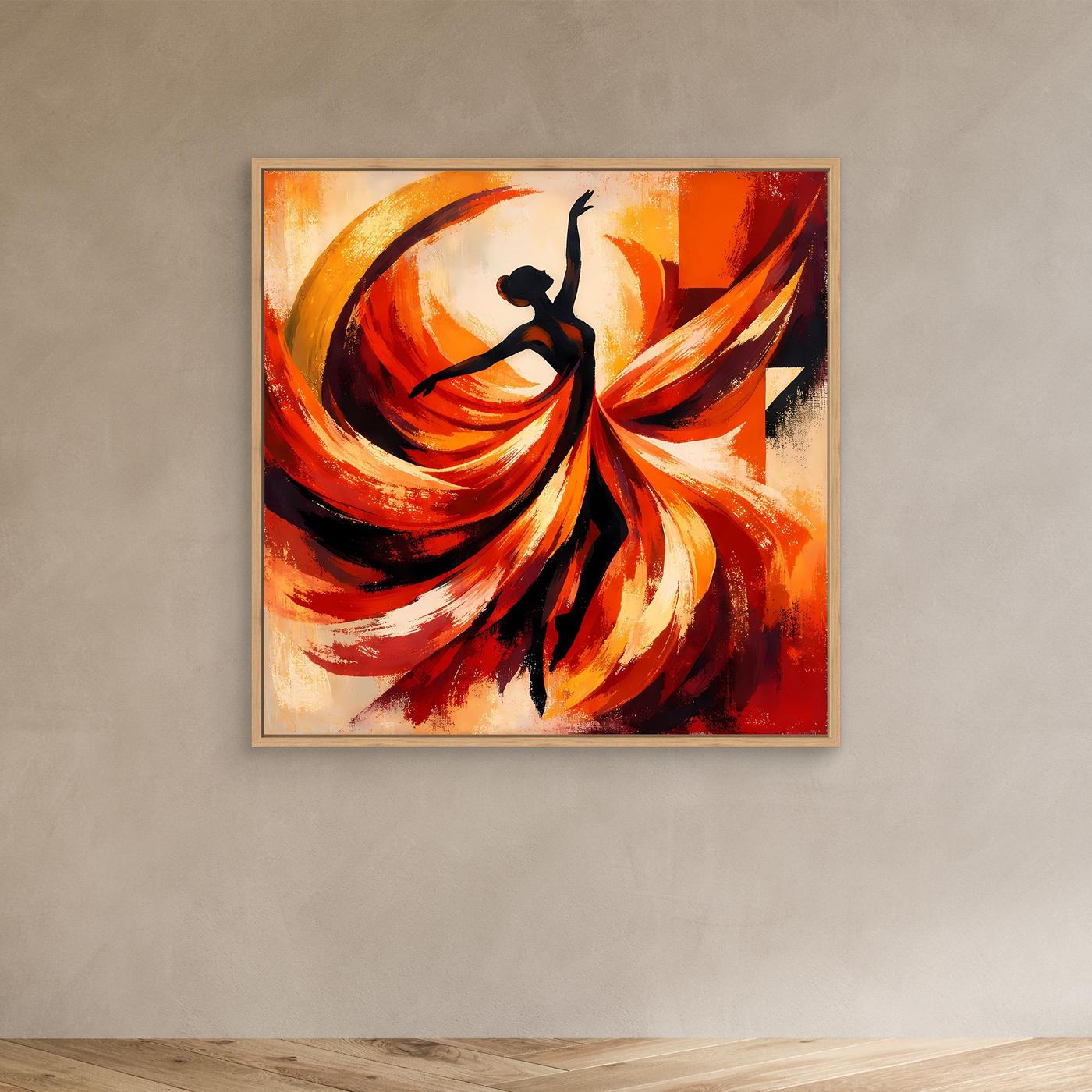 Leinwandbild mit abstrakter Ballerina-Silhouette und feurigen Rot-Orange-Wirbeln im Eichenrahmen