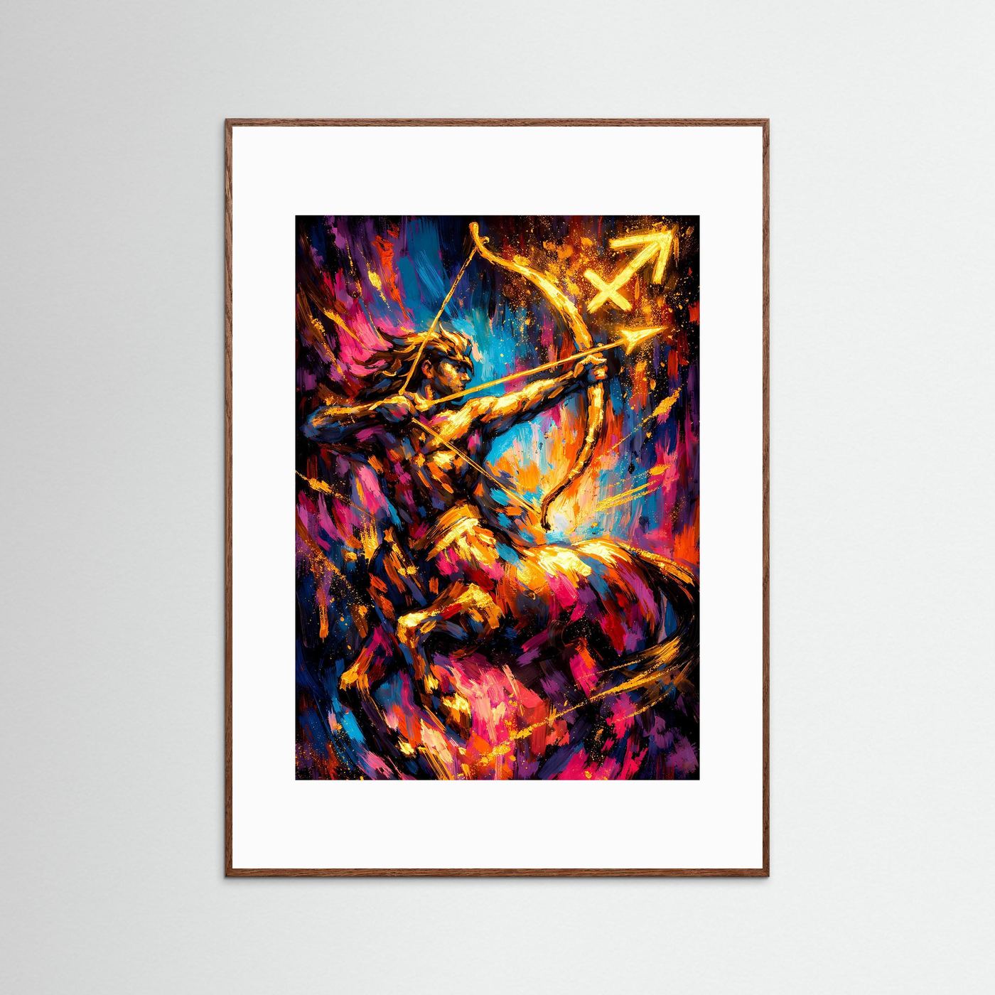 Sternzeichen-Poster im Hochformat, Rahmen dunkelbraun, neonfarbenes Bogenschützen-Motiv