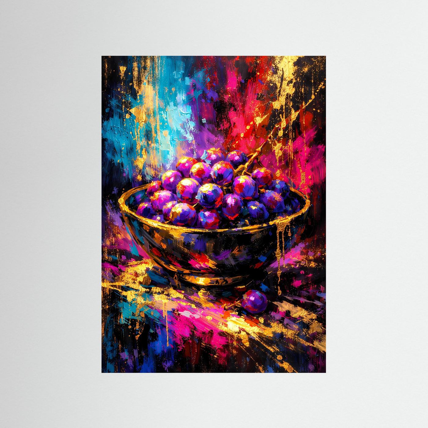 Hochformatiges Kunstposter mit Trauben in goldenen, violetten und neonpink Farben, abstrakt