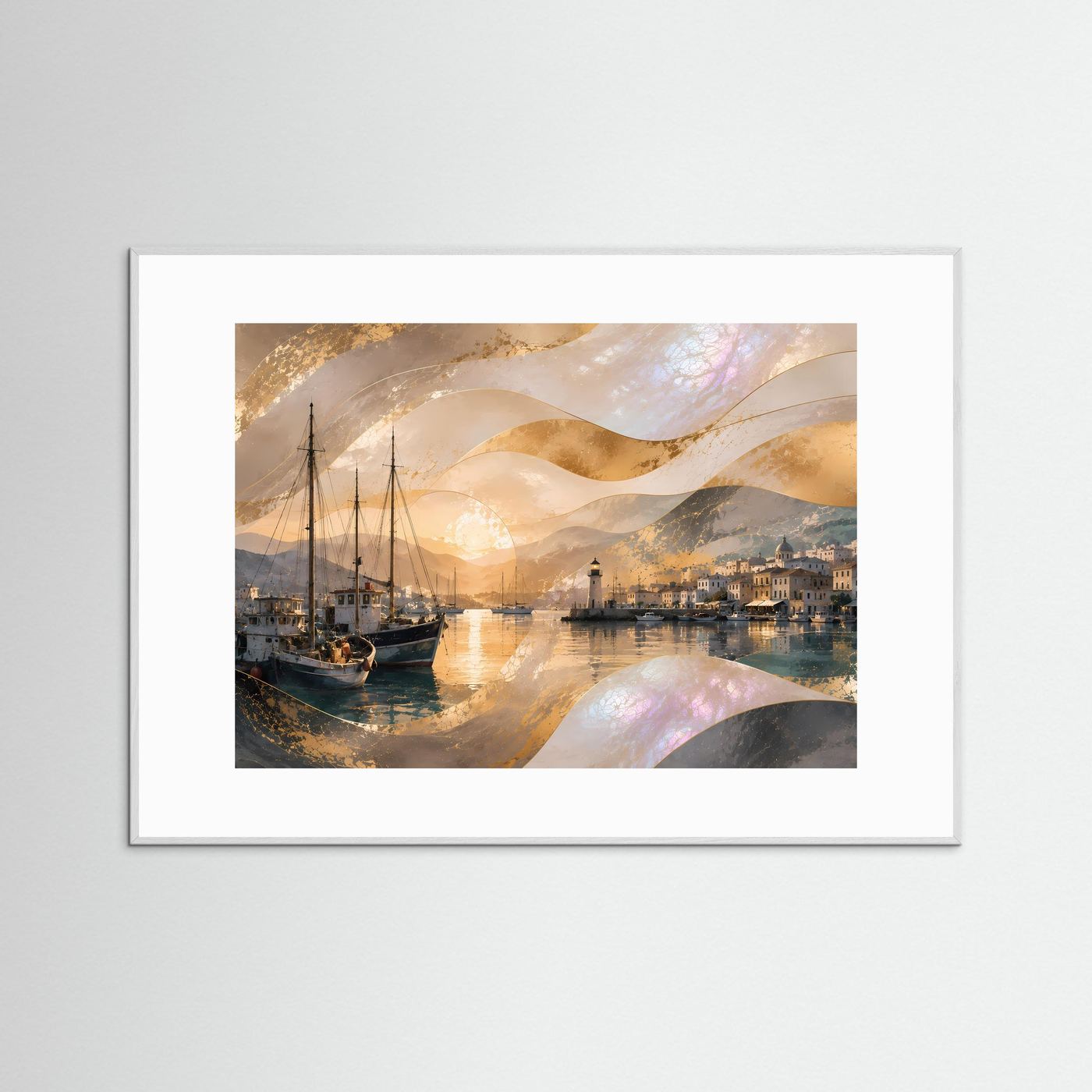 Querformat-Poster im weißen Rahmen mit Hafen, Segelbooten und Leuchtturm bei Sonnenuntergang