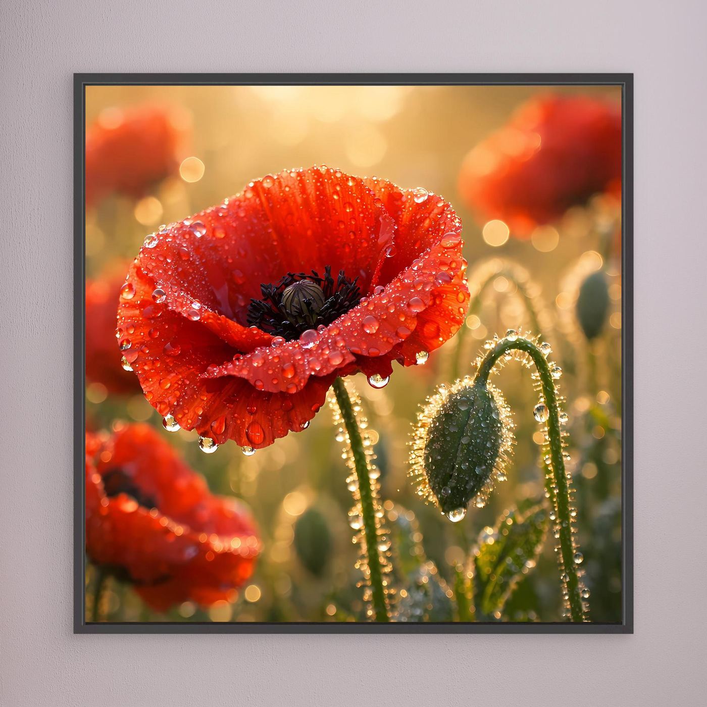 Gerahmtes Leinwandbild mit rotem Klatschmohn und Wassertropfen, dunkler Rahmen