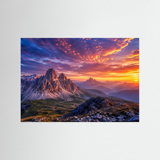 Bergposter mit Alpenpanorama bei Sonnenuntergang, Berge und Felsen im Vordergrund