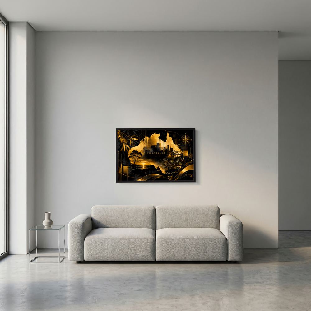 Kleines gerahmtes Poster mit schwarzem Goldmotiv „Australien“ an der Wand