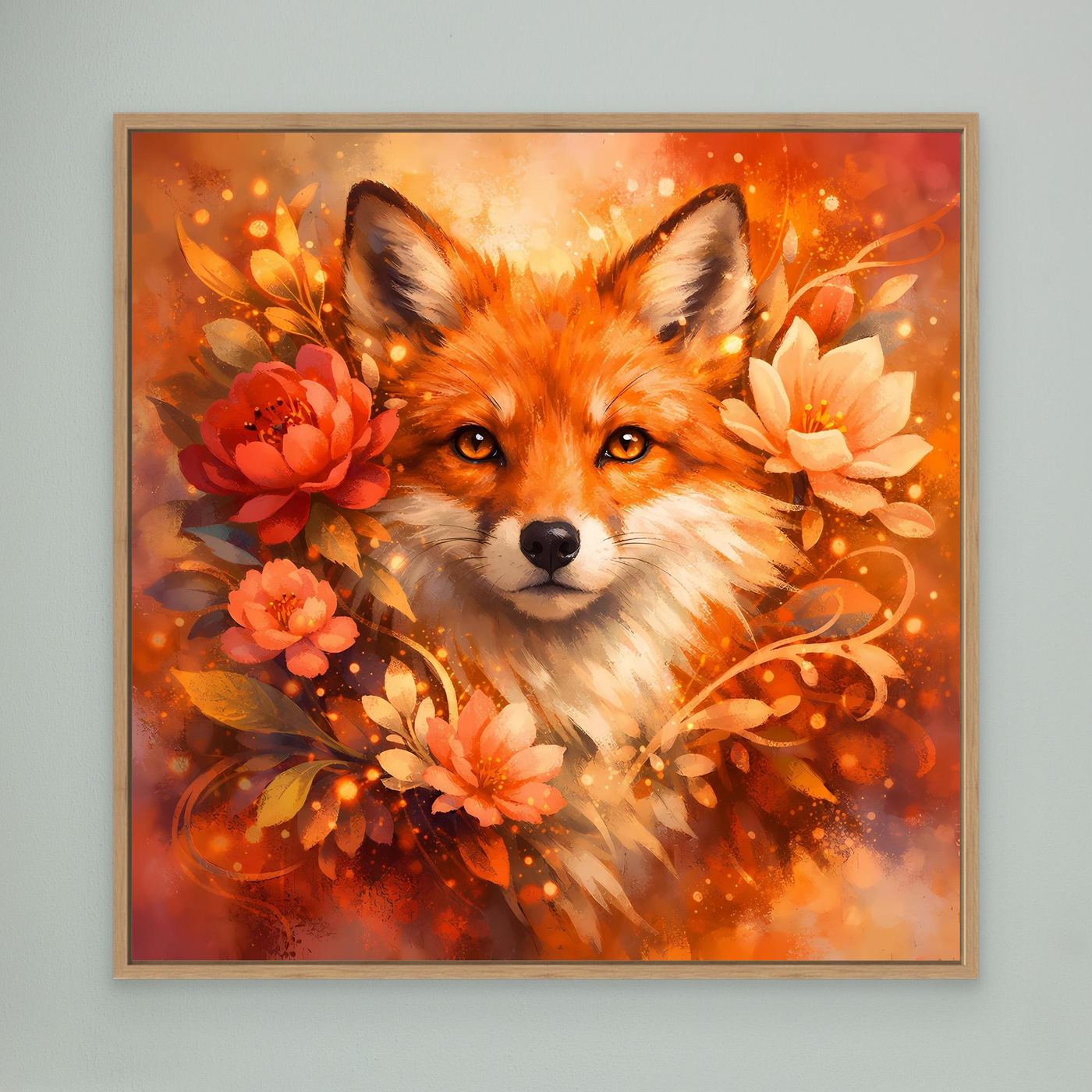 Leinwandbild mit Fuchs-Motiv und Blumenkranz im Orangeton, Holzrahmen