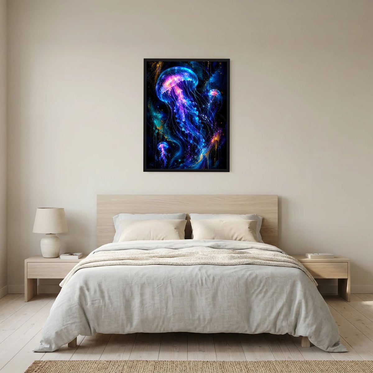 Wandposter mit leuchtenden Quallen in Neonblau und Violett, im schwarzen Rahmen